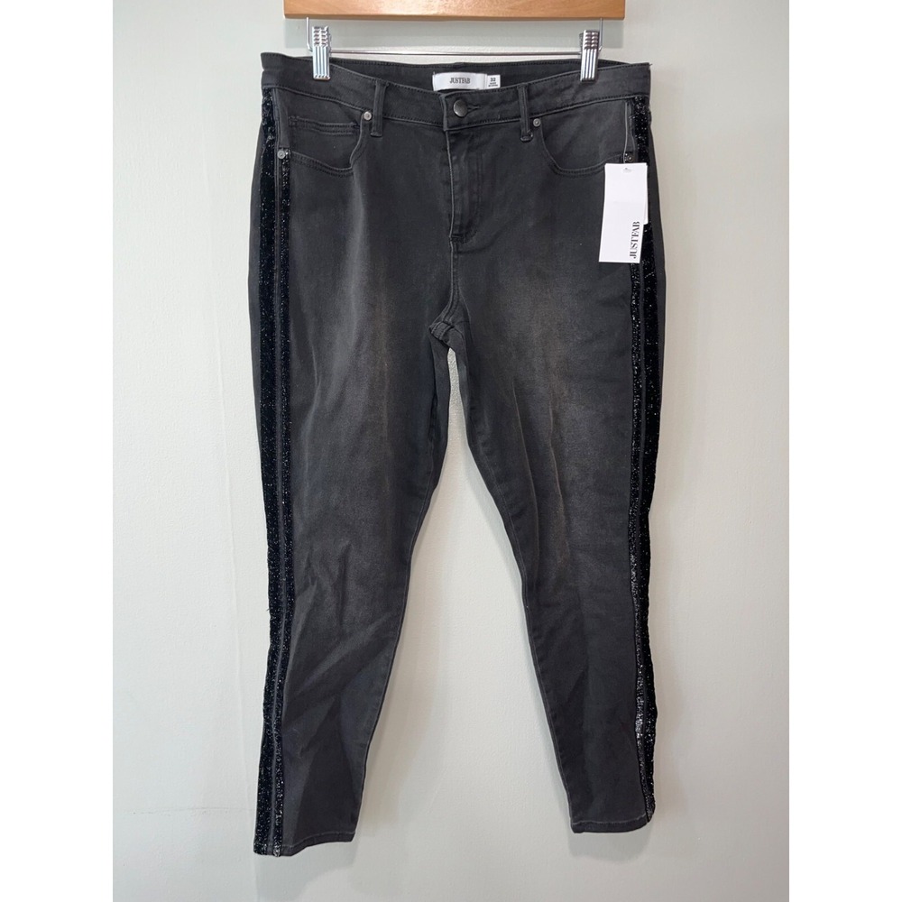 Justfab Womens Black Denim Jeans With Sequin Stripes Size 32 NWT